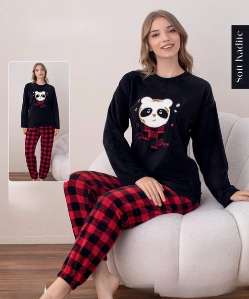 Boyraz Kadın Kışlık Bisiklet Yaka Soft Kadife Pijama Takımı 07016 - 1 Adet  XL Siyah - 2