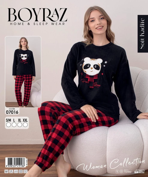 Boyraz Kadın Kışlık Bisiklet Yaka Soft Kadife Pijama Takımı 07016 - 1 Adet  XL Siyah - 3