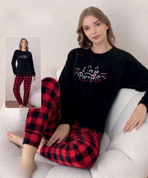 Boyraz Kadın Kışlık Bisiklet Yaka Soft Kadife Pijama Takımı 07018 - 1 Adet  Siyah 2XL