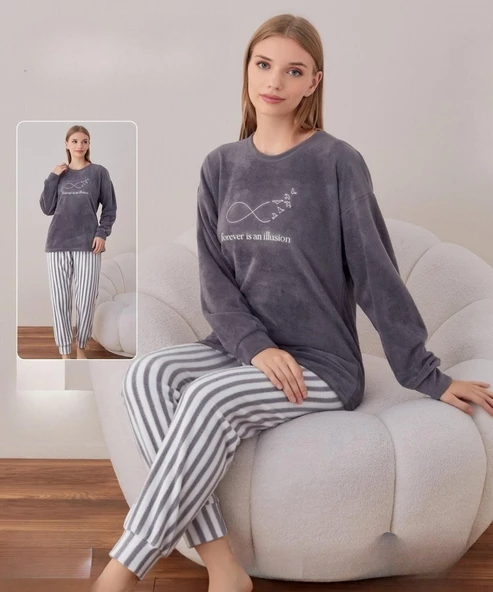 Boyraz Kadın Kışlık Bisiklet Yaka Soft Kadife Pijama Takımı 07026 - 1 Adet  Gri 2XL