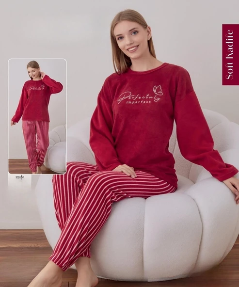 Boyraz Kadın Kışlık Bisiklet Yaka Soft Kadife Pijama Takımı 07021 - 1 Adet  2XL Kırmızı - 2