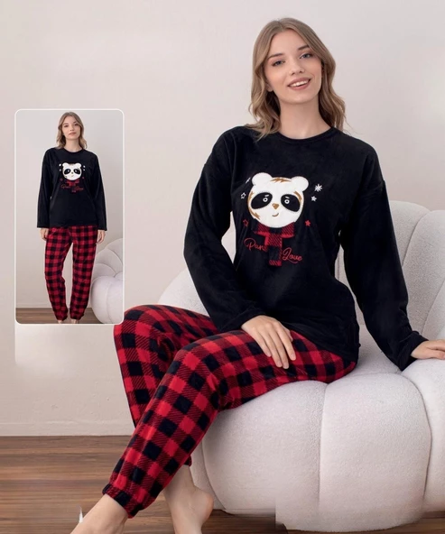 Boyraz Kadın Kışlık Bisiklet Yaka Soft Kadife Pijama Takımı 07016 - 1 Adet  XL Siyah