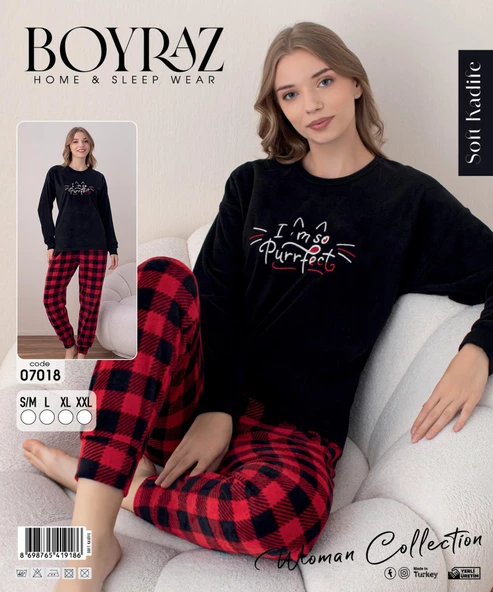 Boyraz Kadın Kışlık Bisiklet Yaka Soft Kadife Pijama Takımı 07018 - 1 Adet  XL Siyah - 3