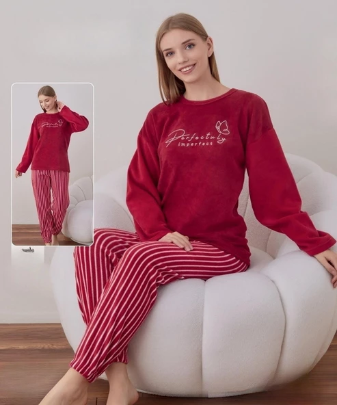 Boyraz Kadın Kışlık Bisiklet Yaka Soft Kadife Pijama Takımı 07021 - 1 Adet  2XL Kırmızı