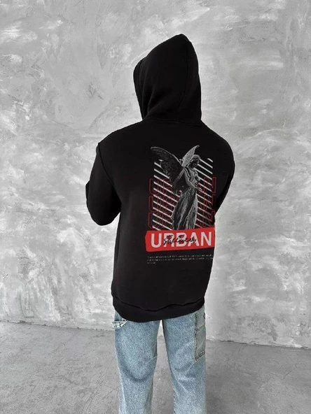 Oversize Üç İplik Kapşonlu SweatShirt - Siyah