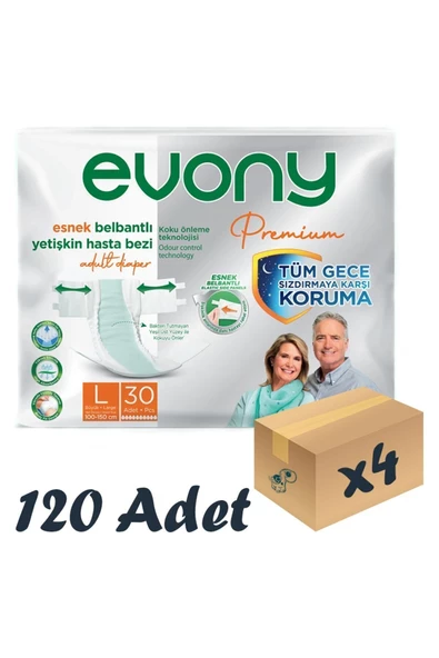 EVONY Premium Esnek Belbantlı Yetişkin Hasta Bezi Large 30’lu 4 Paket 120 Adet - 1