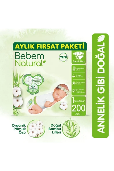 BEBEM NATURAL Bebek Bezi 1 Beden Yenidoğan Aylık Fırsat Paketi 200 Adet