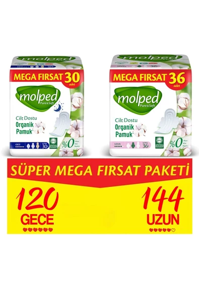 MOLPED Pure&soft Hijyenik Ped Süper Mega Fırsat Paketi Gece 120 Adet + Uzun 144 Adet