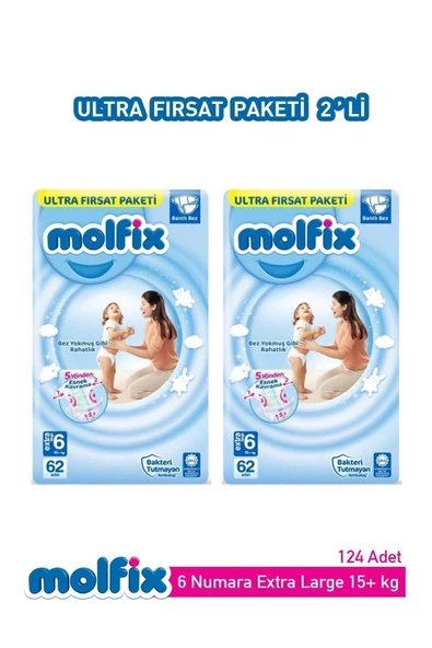 MOLFİX Bebek Bezi Ultra Fırsat Paketi 6 Numara 62 Adet X 2 Paket