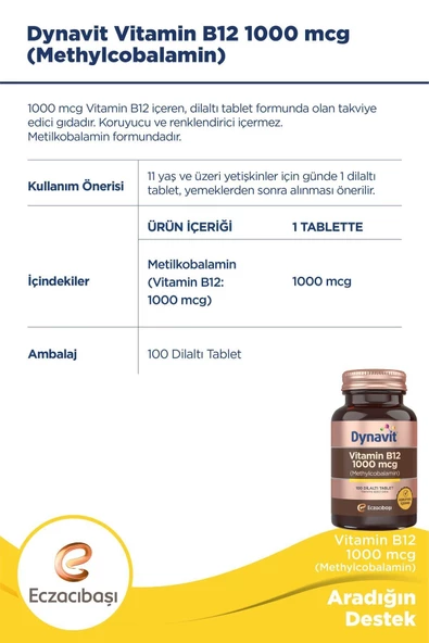 Dynavit Vitamin B12 1000 Mcg 100 Tablet - 3