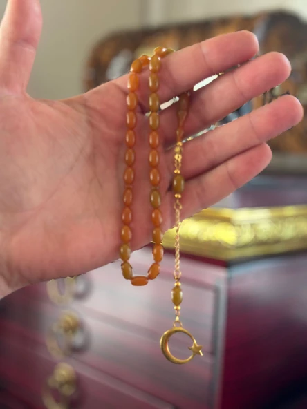 13 Ayar Altın Zincirli Sıkma Kehribar Tesbih ürün görseli 1