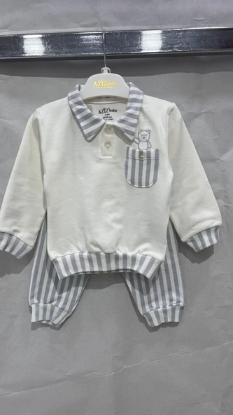 uğurböceğiçocuk Aziz Bebe 2253 Yakalı Çizgili Cepli 2'li Bebek Takım - 2