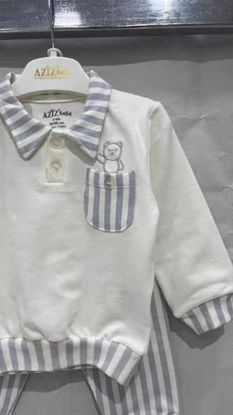 uğurböceğiçocuk Aziz Bebe 2253 Yakalı Çizgili Cepli 2'li Bebek Takım - 9