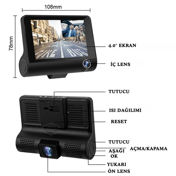 3 Kameralı Kayıt Cihazı İç Ön Arka Geri Görüş Kameralı Monitör 4.0" 1080P Full HD Kayıt Çarpışma Algılayıcı Sensörlü Gece Görüşlü Park Sensörü Sesli Yol Kayıt - 8