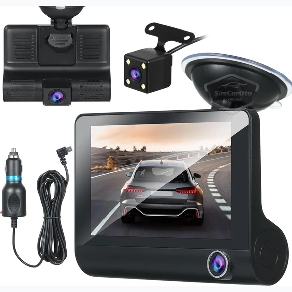 3 Kameralı Kayıt Cihazı İç Ön Arka Geri Görüş Kameralı Monitör 4.0" 1080P Full HD Kayıt Çarpışma Algılayıcı Sensörlü Gece Görüşlü Park Sensörü Sesli Yol Kayıt - 2