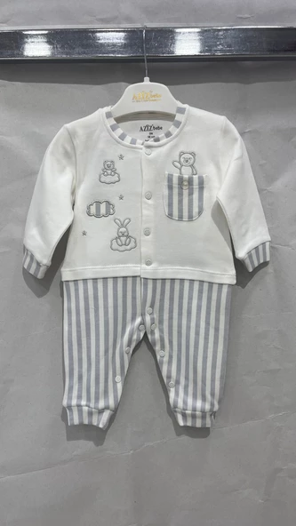 uğurböceğiçocuk Aziz Bebe 6867 Çizgili Ayı Nakışlı Bebek Tulum - 4