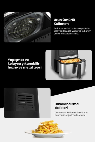 H20 1700 Watt XL Dijital Dokunmatik 8 Ön Programlı Airfryer Yağsız Kızartma Sıcak Hava Fritöz - 5