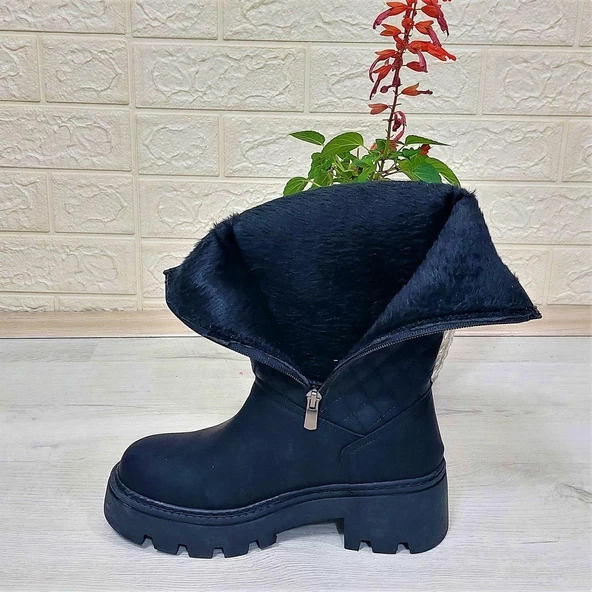 M.P 1397 Siyah Fermuarlı Kaymaz Kürklü 33cm Kadın Çizme - 6