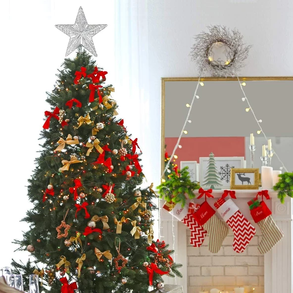 Yılbaşı Çam Ağacı Tepeliği Yıldızı Simli Yaylı Metal Gümüş 27 cm - Resim 3