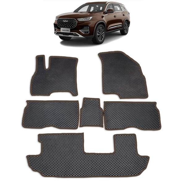 Bod Chery Tiggo 8 Pro/Max 7 Koltuk 3D Havuzlu Paspas Siyah 2023-Sonrası Fitil Rengi Kahve