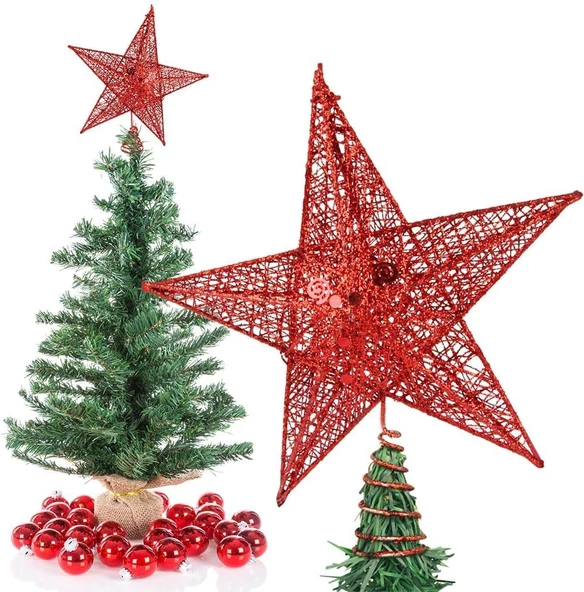 Yılbaşı Çam Ağacı Tepeliği Yıldızı Simli Yaylı Metal Kırmızı 27 cm - Resim 2