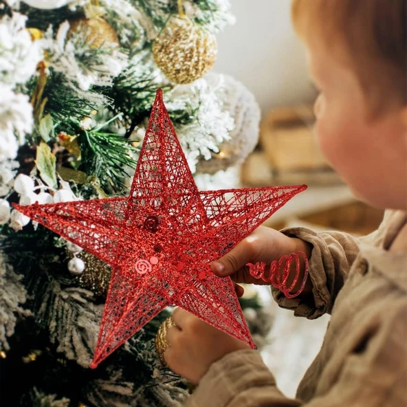 Yılbaşı Çam Ağacı Tepeliği Yıldızı Simli Yaylı Metal Kırmızı 27 cm - Resim 3