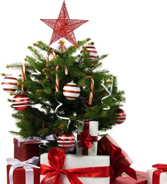 Yılbaşı Çam Ağacı Tepeliği Yıldızı Simli Yaylı Metal Kırmızı 27 cm - Resim 4