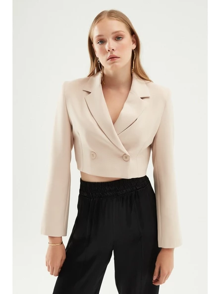 Quzu Kruvaze Crop Blazer Ceket Taş