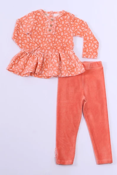 KIZ ÇOCUK KADİFE TUNİK TAKIM FIRFIRLI DÜĞMELİ C19 - Resim 7