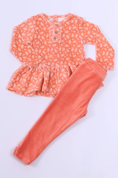 KIZ ÇOCUK KADİFE TUNİK TAKIM FIRFIRLI DÜĞMELİ C19 - Resim 3