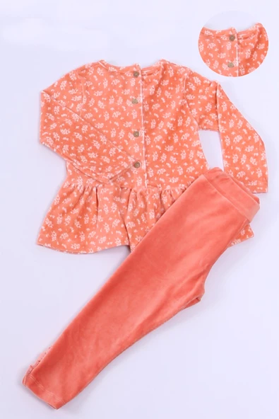 KIZ ÇOCUK KADİFE TUNİK TAKIM FIRFIRLI DÜĞMELİ C19 - Resim 8