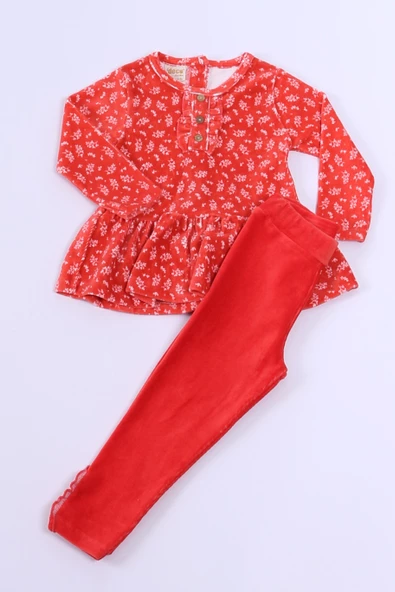 KIZ ÇOCUK KADİFE TUNİK TAKIM FIRFIRLI DÜĞMELİ C19 - Resim 2