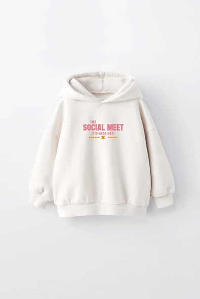KIZ ÇOCUK SOCIAL MEET BASKILI KAPÜŞONLU MANŞETLİ SWEATSHİRT - 1