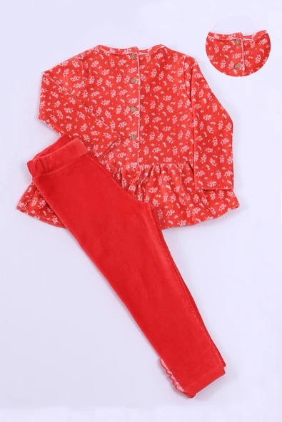 KIZ ÇOCUK KADİFE TUNİK TAKIM FIRFIRLI DÜĞMELİ C19 - Resim 6