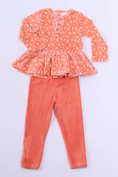 KIZ ÇOCUK KADİFE TUNİK TAKIM FIRFIRLI DÜĞMELİ C19 - Resim 4