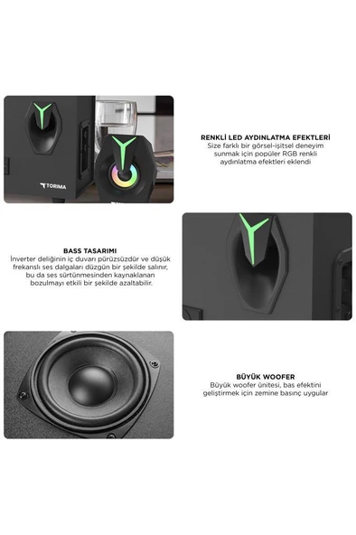 Torima D37 Siyah Bluetooth Hoparlör 2in1 Subwoofer RGB Işıklı Bilgisayar Hoparlörü Speaker - 3