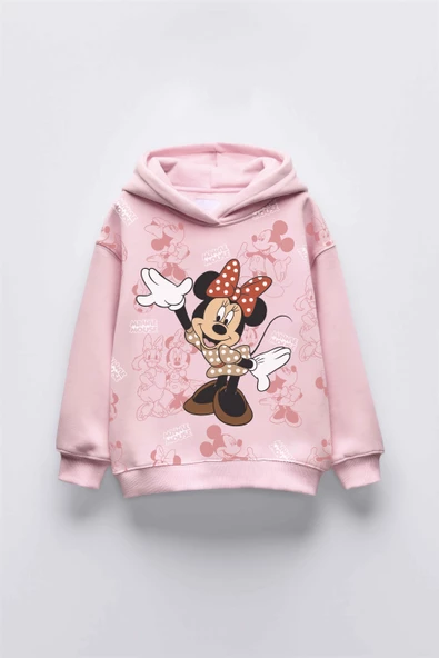 KIZ ÇOCUK MİNNİE BASKILI KAPÜŞONLU MANŞETLİ SWEATSHİRT - 3