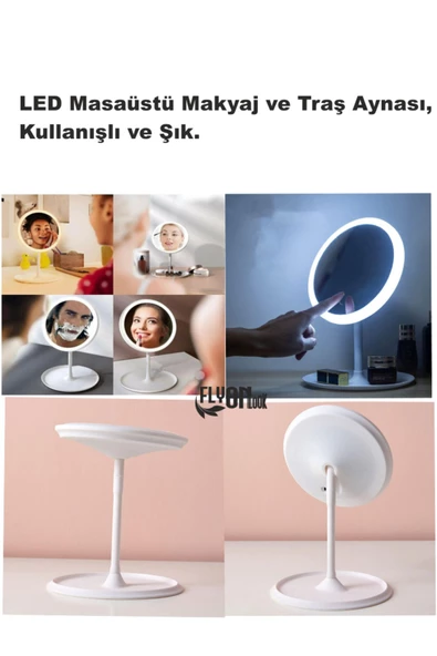Dokunmatik Led Masaüstü  Makyaj ve Tıraş Aynası 360 derece Dönebilen Yuvarlak Işıklı Taşınablr  Ayna - 5