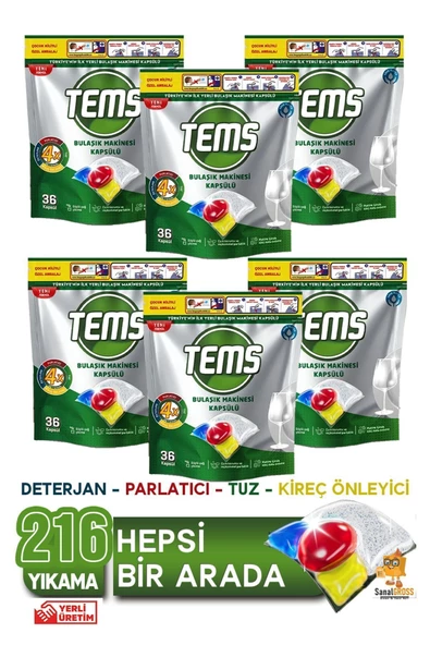 TEMS Bulaşık Makinesi Kapsül Deterjanı 36'lı x 6 Paket (216 Yıkama)