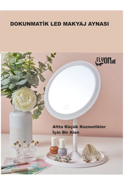 Dokunmatik Led Masaüstü  Makyaj ve Tıraş Aynası 360 derece Dönebilen Yuvarlak Işıklı Taşınablr  Ayna - 3