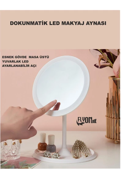 Dokunmatik Led Masaüstü  Makyaj ve Tıraş Aynası 360 derece Dönebilen Yuvarlak Işıklı Taşınablr  Ayna - 2
