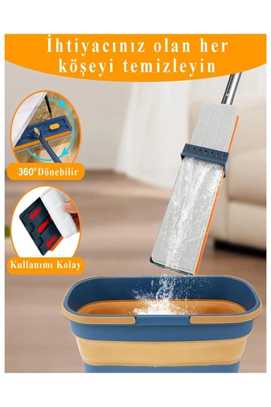 Kendinden Sıkmalı Mop ve Tekerlekli Katlanabilir Kova Seti 1 Adet Yedek Mop Hediyeli Lüks Mop Seti Silikon Kova Temizlik Seti Büro Ofis Ev - 2