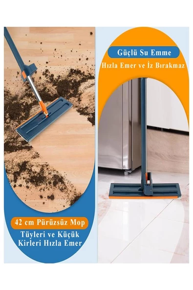 Kendinden Sıkmalı Mop ve Tekerlekli Katlanabilir Kova Seti 1 Adet Yedek Mop Hediyeli Lüks Mop Seti Silikon Kova Temizlik Seti Büro Ofis Ev - 3