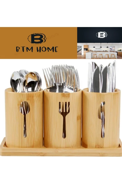 btmhome Bambu 3'lü Çatal, Bıçak, Kaşıklık, Standlı - Resim 4