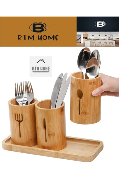 btmhome Bambu 3'lü Çatal, Bıçak, Kaşıklık, Standlı - Resim 3
