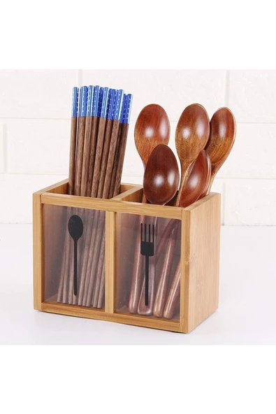 klasik yaşam 2 Bölmeli Ahşap Mutfak Gereçleri Kutusu, Mutfak Tezgahı için Rustik Organizatör - Resim 4