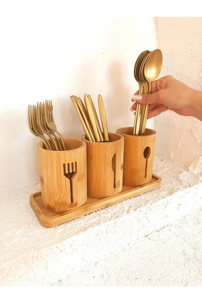 klasik yaşam Bambu Altlıklı 3Lü Kaşık/Çatal/Bıçak Düzenleyici - 2