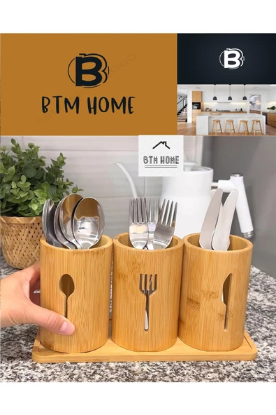 btmhome Bambu 3'lü Çatal, Bıçak, Kaşıklık, Standlı ürün görseli 1