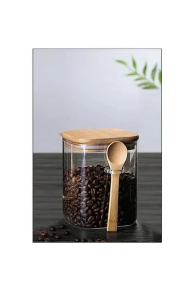 btmhome Bambu Kapaklı Kaşıklı Kare Kavanoz 600 ml
