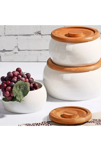 btmhome Bambu Kapaklı Porselen Saklama Kabı